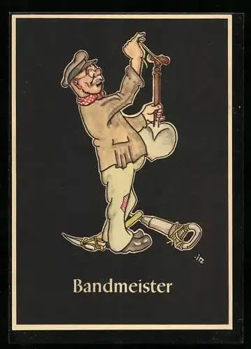 Künstler-AK sign. H. Moritz: 48 bergmännische Begriffe karikiert, aus Lustige Gezähekiste, Bild 25: Bandmeister