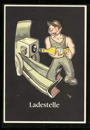 Künstler-AK sign. H. Moritz: Karikatur Bergmännische Begriffe: Ladestelle, Bergarbeiter lädt Geschütz mit Flasche