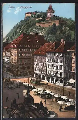 AK Graz, Hauptplatz mit Cafe Nordstern, Strassenbahn