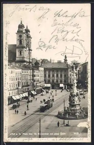 AK Linz, Platz des 12. November mit alten Dom, Strassenbahn