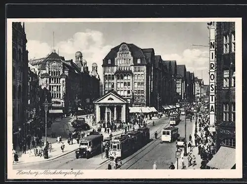 AK Hamburg, Strassenbahnen und Busse auf der Mönckebergstrasse