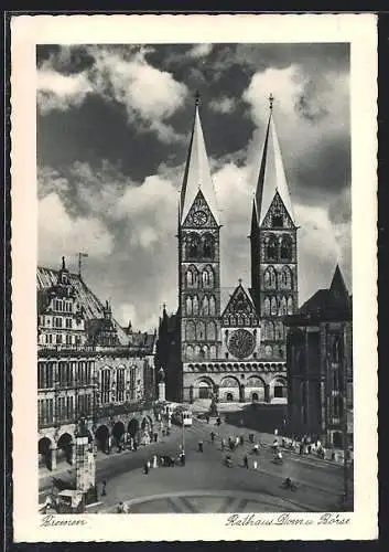 AK Bremen, Rathaus, Dom und Börse mit Strassenbahn