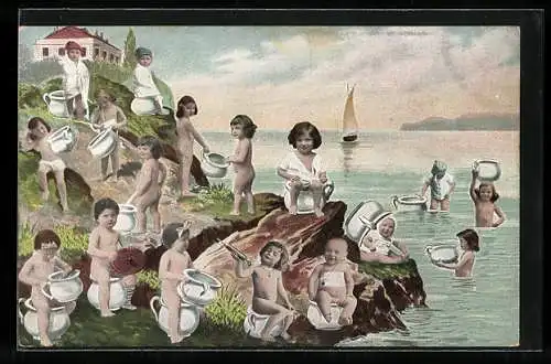 AK Kleinkinder mit Nachttöpfen und Klistier am Ufer, Scherz