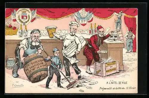 Künstler-AK Karikatur, Präsident Armand Fallieres bereitet im Rathaus ein Fest vor