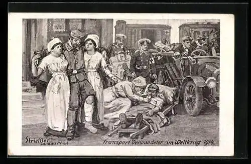Künstler-AK sign. Strieffler: Transport Verwundeter im Weltkrieg, 1914, Rotes Kreuz