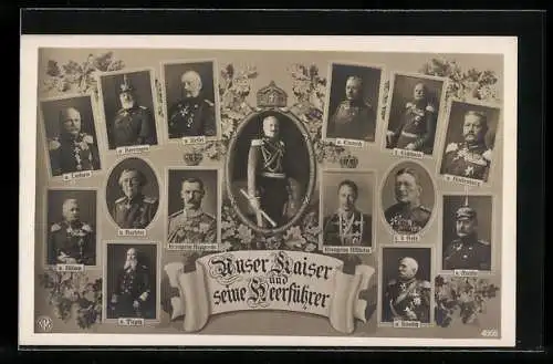 AK Unser Kaiser und seine Heerführer, Portraits, Hindenburg, Moltke, Tirpitz, Kronprinzen