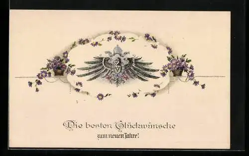 AK Glückwunsch zum neuen Jahr, Reichsadler mit Blumenverzierung