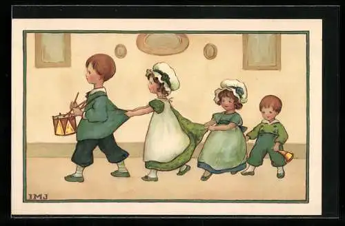 Künstler-AK I.M.J.: Kinder mit Trommel und Tröte