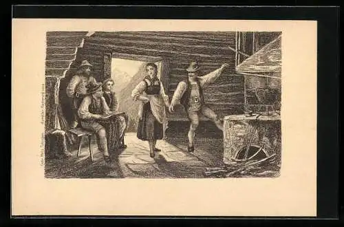 AK Berghütte mit tanzendem Trachtenpaar und Zitherspieler