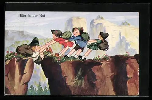 AK Hilfe in der Not, Kinder ziehen ein anderes aus einer Spalte, Bergsteigen
