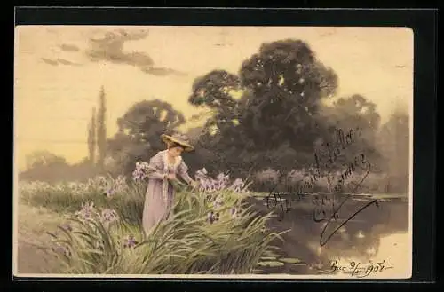 Künstler-AK Meissner & Buch (M&B) Nr. 1469: Frau pflückt Blumen am Ufer eines Sees