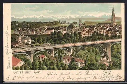 Lithographie Bern, Ortsansicht mit Brücke