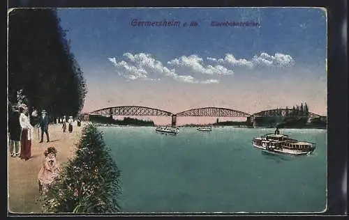 AK Germersheim, Eisenbahnbrücke und Dampfschiffe auf dem Rhein