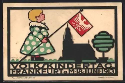 Künstler-AK Frankfurt, Volkskindertag 1913, Mädchen mit Fahne vor Kirche, Kinderfürsorge