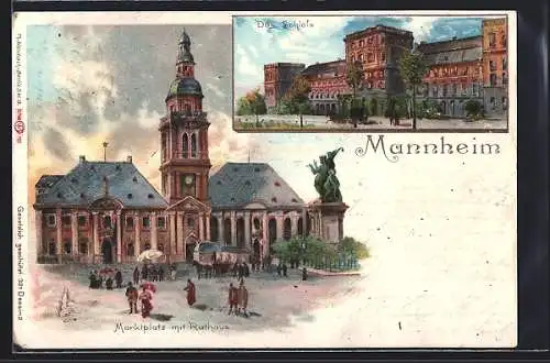 Lithographie Mannheim, Marktplatz mit Rathaus, Schloss