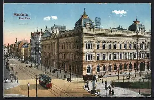 AK Mannheim, Strassenbahn am Hauptpostamt