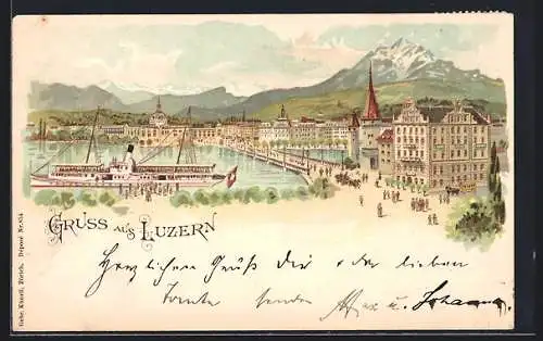 Lithographie Luzern, Hotel Schwanen mit Dampfer