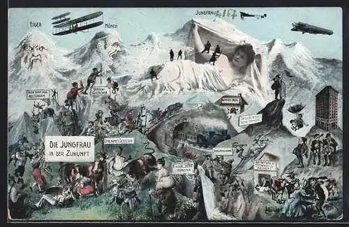 AK Zukunft, Eiger und Mönch sind entsetzt, Bergsteiger klettern auf die Jungfrau, Jungfraubahn, Zeppelin, Berggesichter