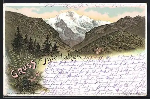 Lithographie Interlaken, Panorama mit Hotel