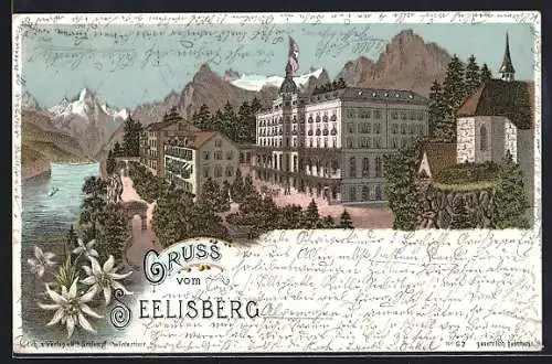 Lithographie Seelisberg, Blick auf Kirche, Häuser, Promenade, Wasser und Gebirge, Edelweiss