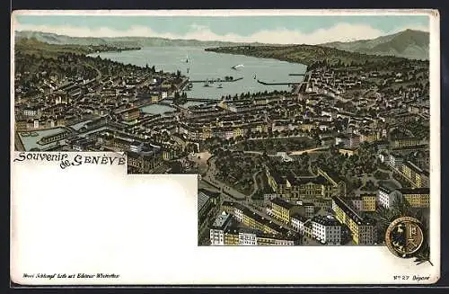 Lithographie Geneve, Totalansicht aus der Vogelschau