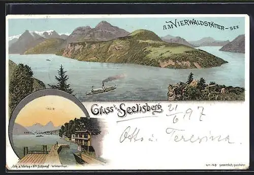 Lithographie Seelisberg, Anlegestelle mit Sicht auf Treib, Vierwaldstätter See mit Dampfer