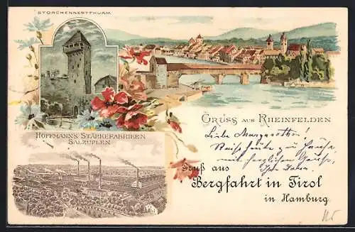 Lithographie Rheinfelden, Storchennestturm, Panorama, Reklame für Hoffmanns Stärkefabriken Salzuflen um 1900