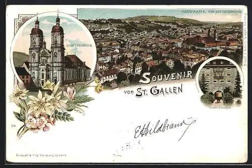 Lithographie St. Gallen, Panorama von der Falkenburg aus, Stiftskirche & Karlstor