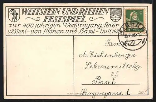 Künstler-AK Basel-Riehen, Wettstein und Riehen Festspiel zur 400jährigen Vereinigung von Riehen und Basel 1923