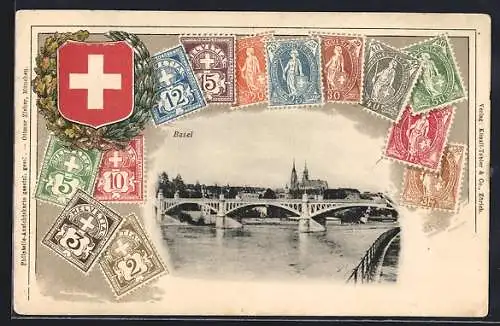 AK Basel, Stadt mit Brücke, Schweizer Briefmarken und Wappen