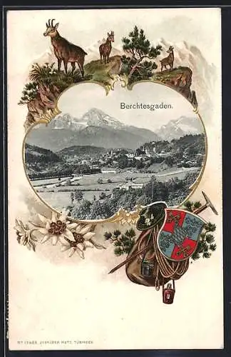 Passepartout-Lithographie Berchtesgaden, Ortsansicht mit Gemsen und Wappen