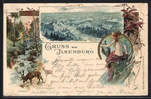 Lithographie Ilsenburg, Panorama mit Fluss