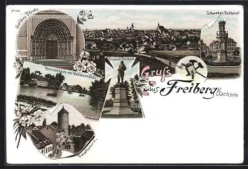 Lithographie Freiberg / Sachsen, Totalansicht, Kreuzteich mit Kreuzmühle, Schweden-Denkmal & Goldene Pforte