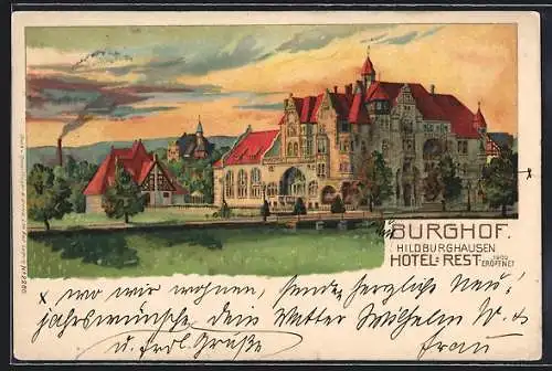 Lithographie Hildburghausen, Hotel-Restaurant Burghof im Abendlicht