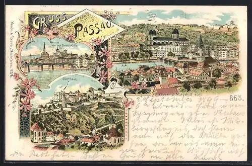 Lithographie Passau, Oberhaus, Ansicht der Donaubrücke