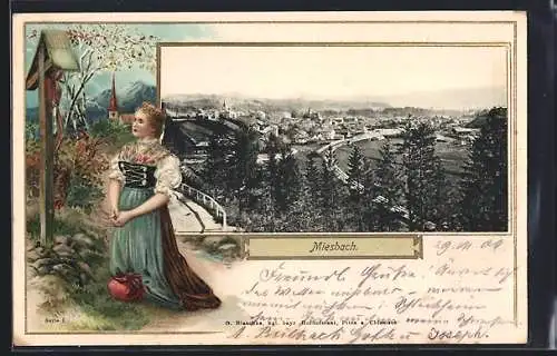 Passepartout-Lithographie Miesbach, Totalansicht, Frau am Wegkreuz