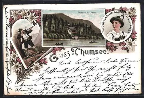 Lithographie Thumsee, Restaurant am See, Schütze in den Bergen, Frau in Tracht