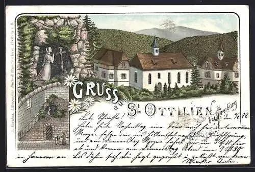 Lithographie St. Ottilien b. Freiburg, Ortsansicht, Mönch beim Gebet