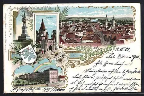 Lithographie Ingolstadt, Kreuzthor, Kaserne, Wappen