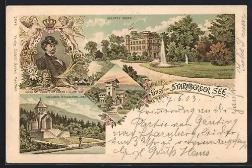 Lithographie Berg /Starnberger See, Schloss, Votivkapelle im Schlosspark, Schlösschen Roseninsel