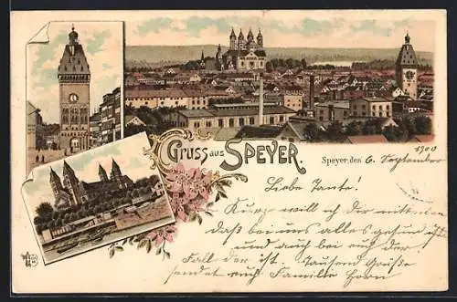 Lithographie Speyer, Totalansicht der Ortschaft mit Dom