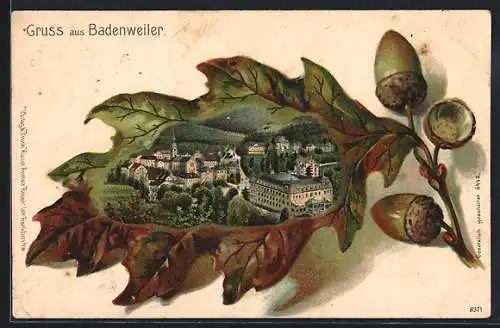 Passepartout-Lithographie Badenweiler, Eichenblatt mit Ortsansicht