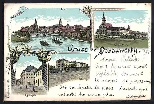 Lithographie Donauwörth, Ortsansicht, Heilig. Kreuz, Rathaus, Bahnhof