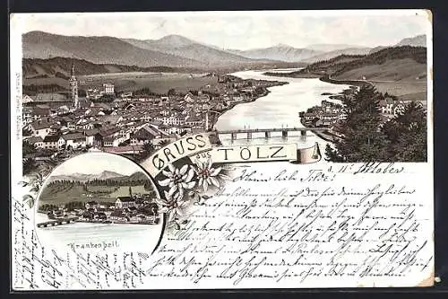 Lithographie Tölz, Ortsansicht aus der Vogelschau, Panorama