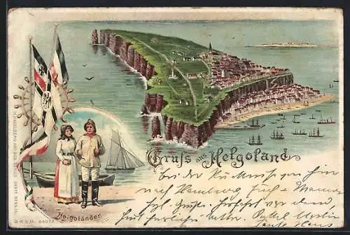 Lithographie Helgoland, Inselansicht, Helgoländer Fischer, Fahnen, Sonnenuntergang