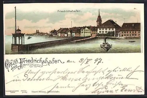 Lithographie Friedrichshafen, Blick auf Hafen und Stadt