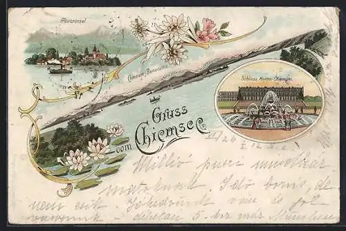 Lithographie Chiemsee, Blick nach der Fraueninsel, Panorama mit Alpenkette, Schloss Herren-Chiemsee