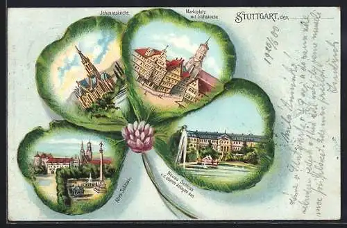 Passepartout-Lithographie Stuttgart, Johanneskirche, Altes Schloss, Neues Schloss, Marktplatz mit Kleeblatt