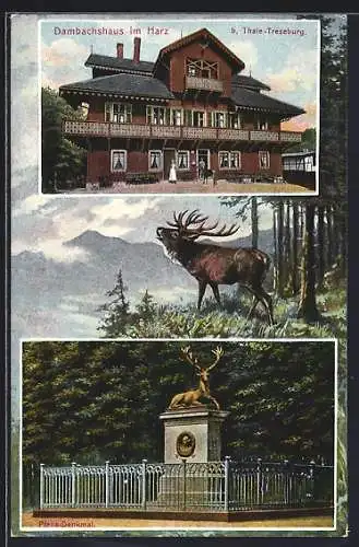 AK Thale / Harz, Dambachshaus, Hirschdenkmal, röhrender Hirschbulle