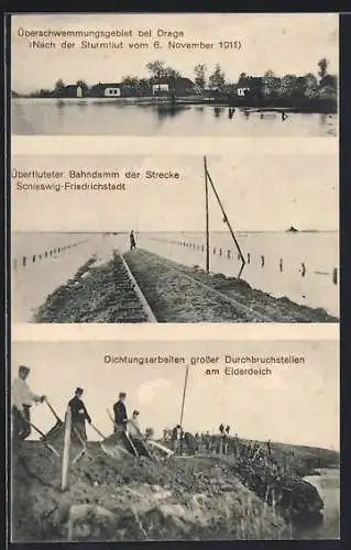 AK Drage / Nordfriesland, Überschwemmungsgebiet nach der Sturmflut 06.11.1911, Überfluteter Bahndamm, Durchbruchstellen